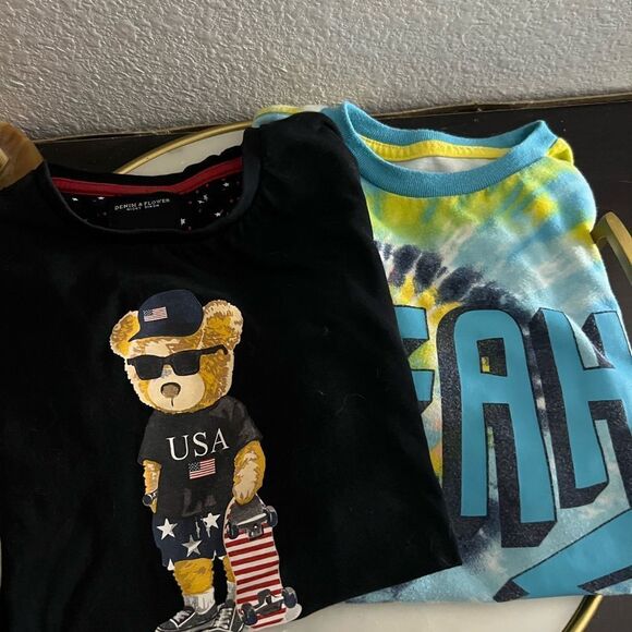 Kids 2 T Shirts Graphics ‘Bear’ Tye Dye ‘Oh Yeah’ Black Blue Green 5/6, 7 - Picture 1 of 4